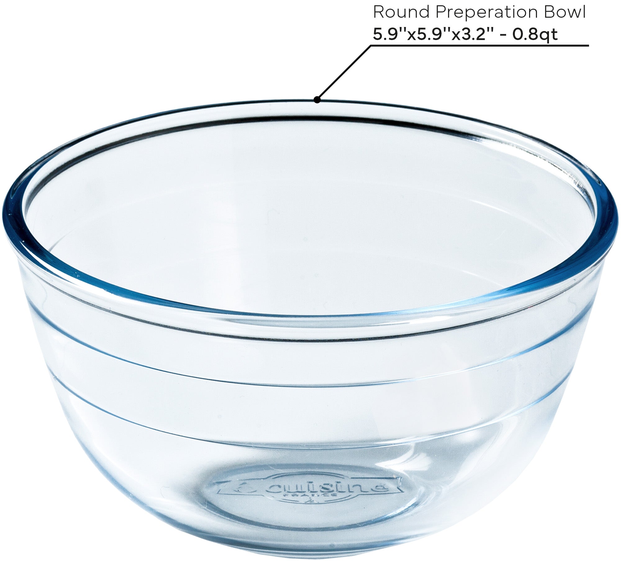 Clear ÔCuisine glass mixing bowl with dimensions labeled on a white background