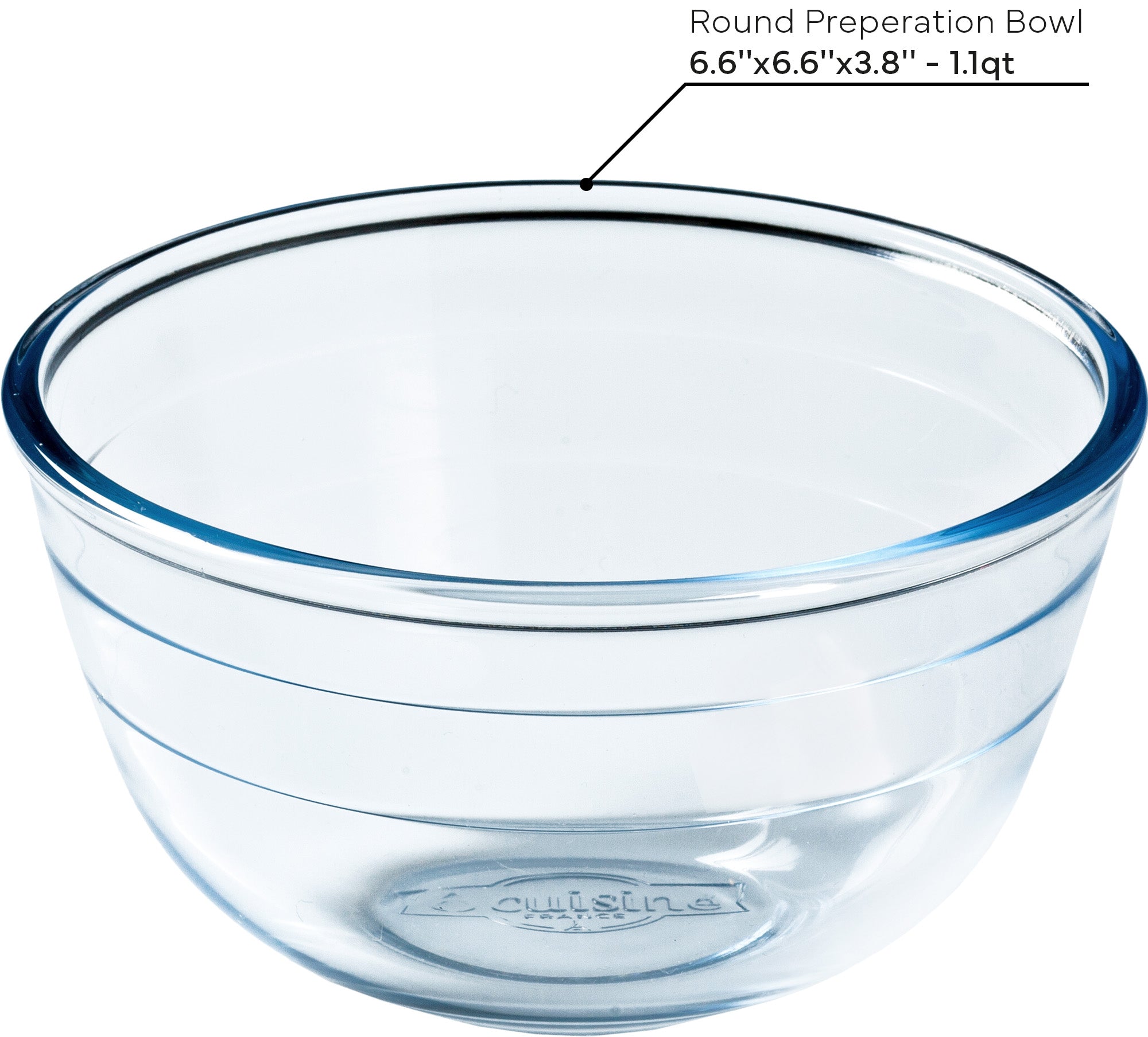 Clear ÔCuisine glass round preparation bowl with dimensions labeled on a white background