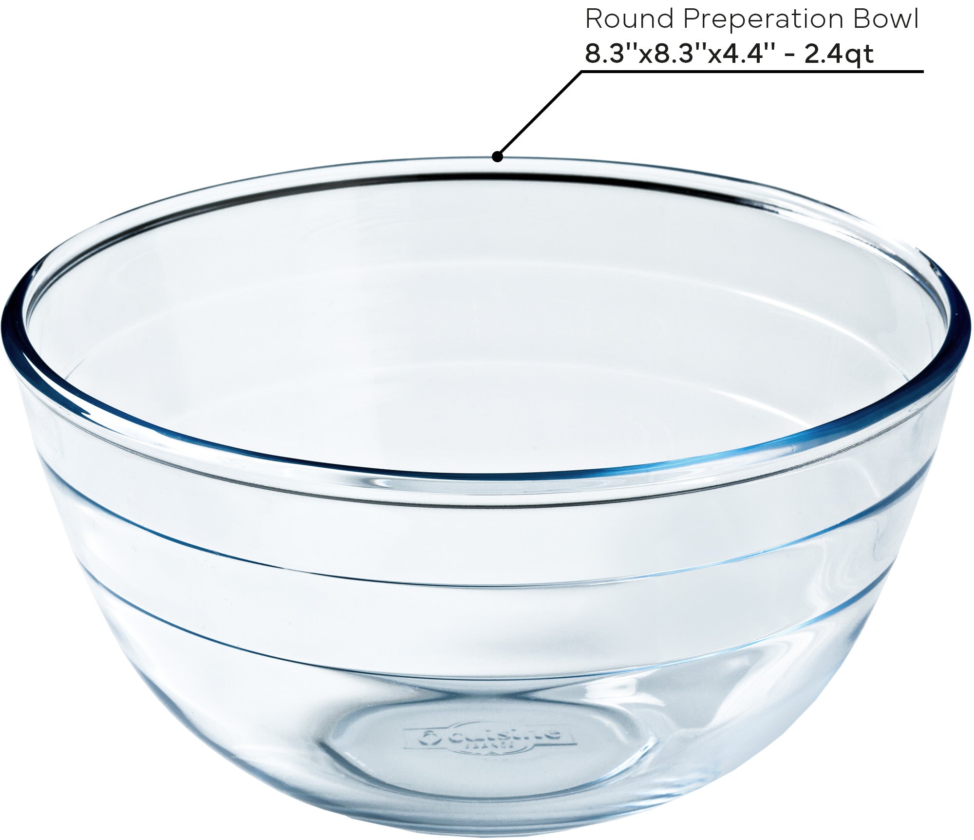 Clear glass round preparation bowl with dimensions labeled on a white background