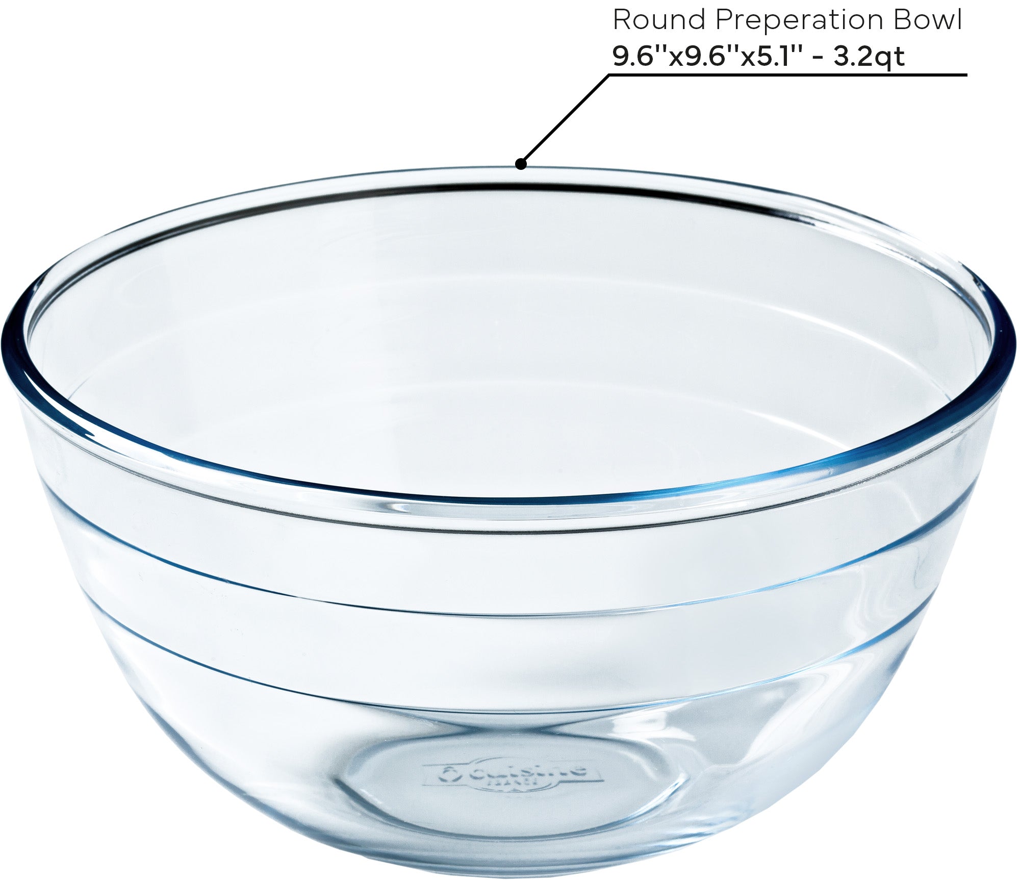 Clear ÔCuisine glass mixing bowl with dimensions labeled on a white background
