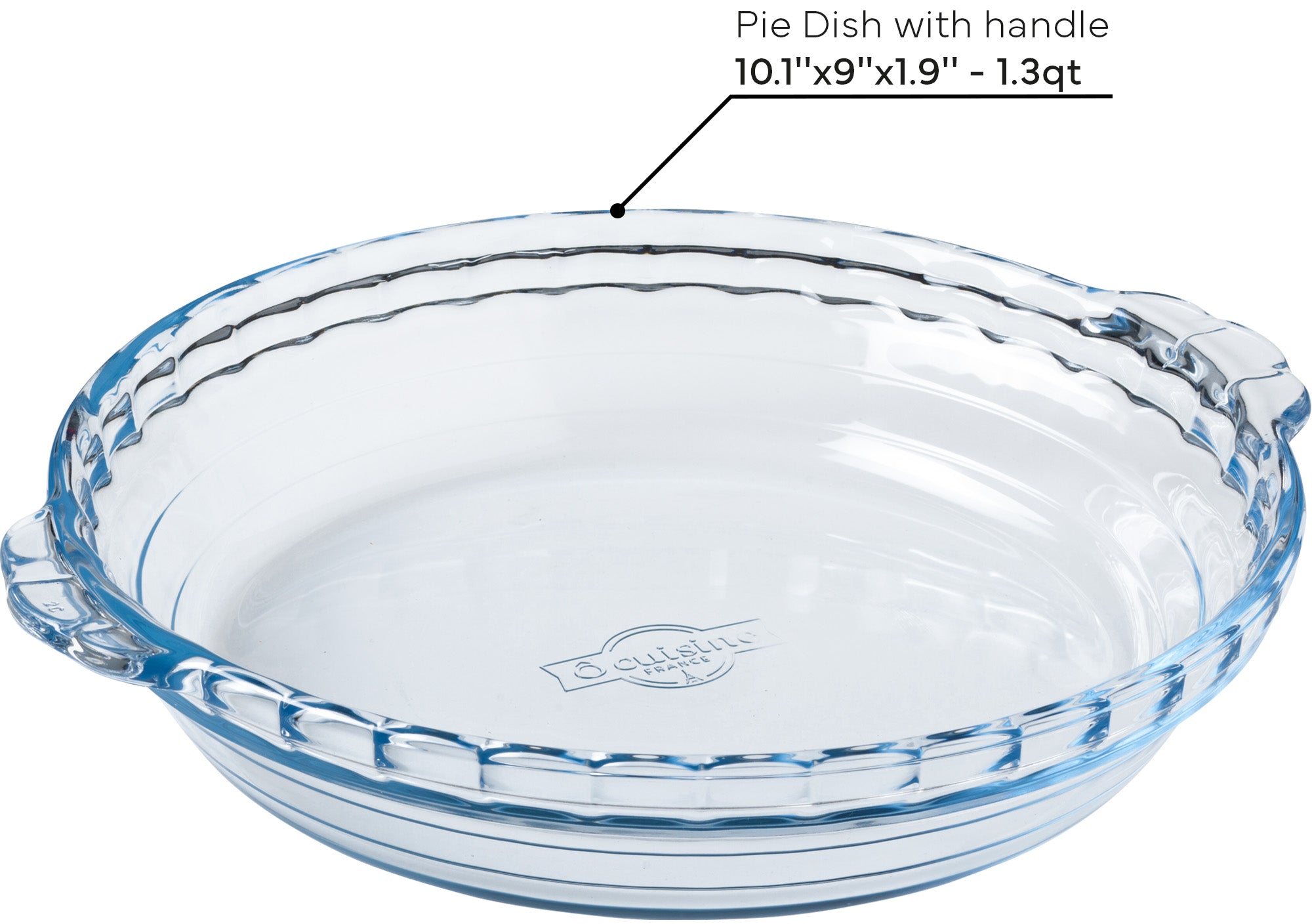 Clear ÔCuisine glass pie dish with handle and dimensions written on a white background