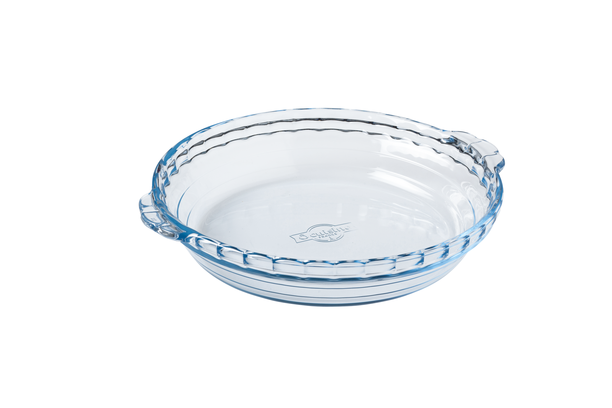 Clear ÔCuisine glass pie dish on a white background