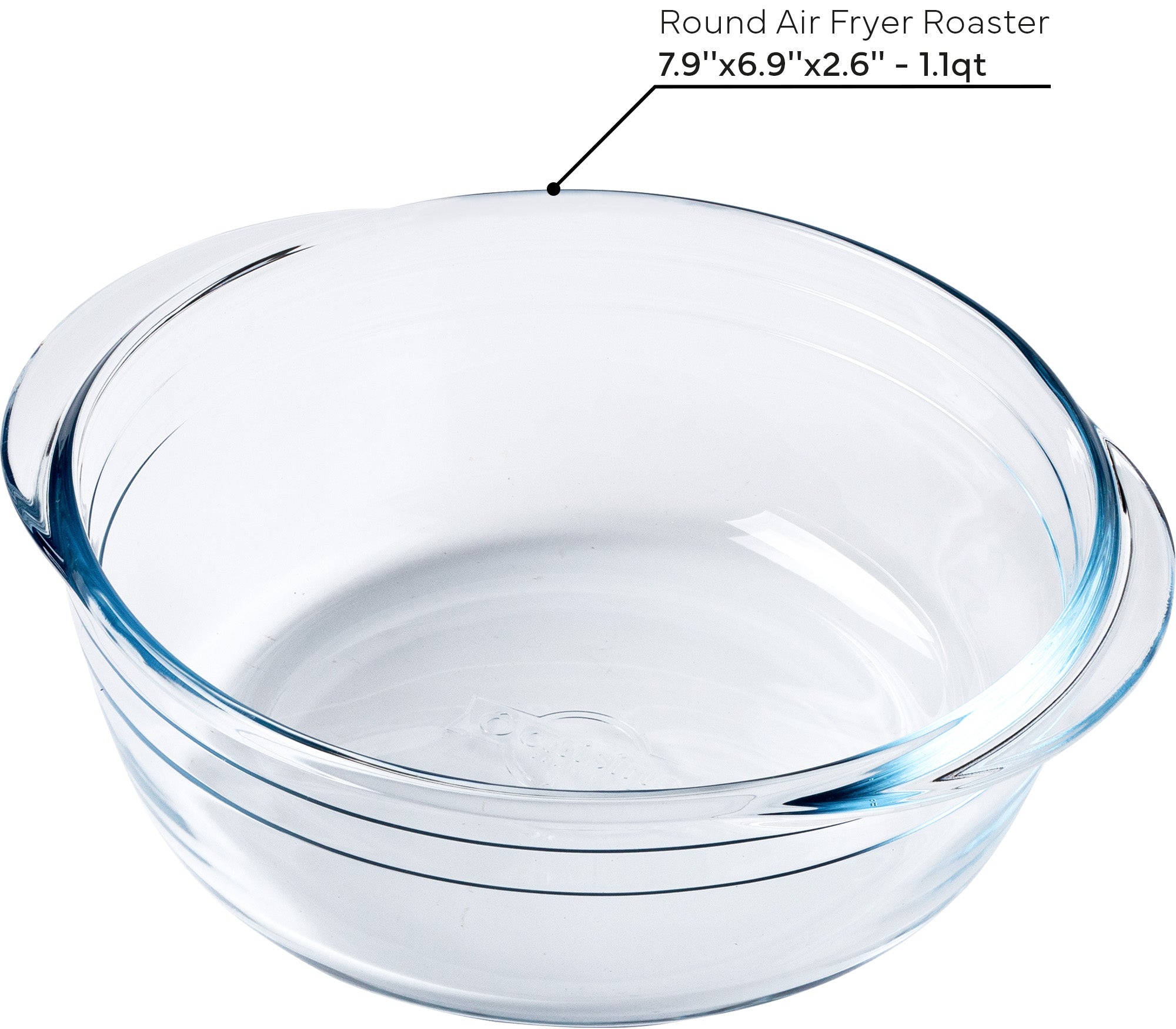 Clear glass round air fryer roaster with dimensions labeled on a white background