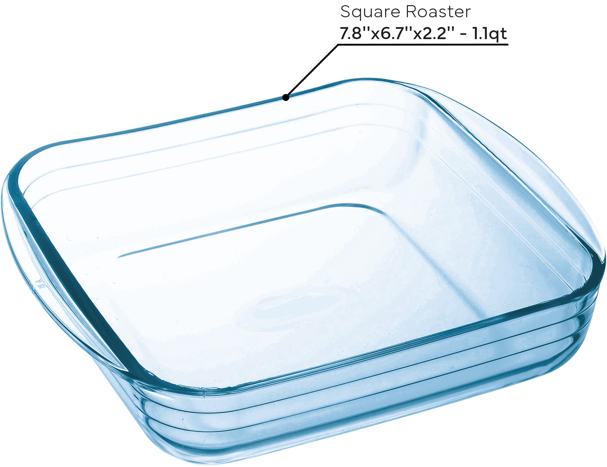 Glass square Clear ÔCuisine Roaster on a white background with dimensions labeled on a white background