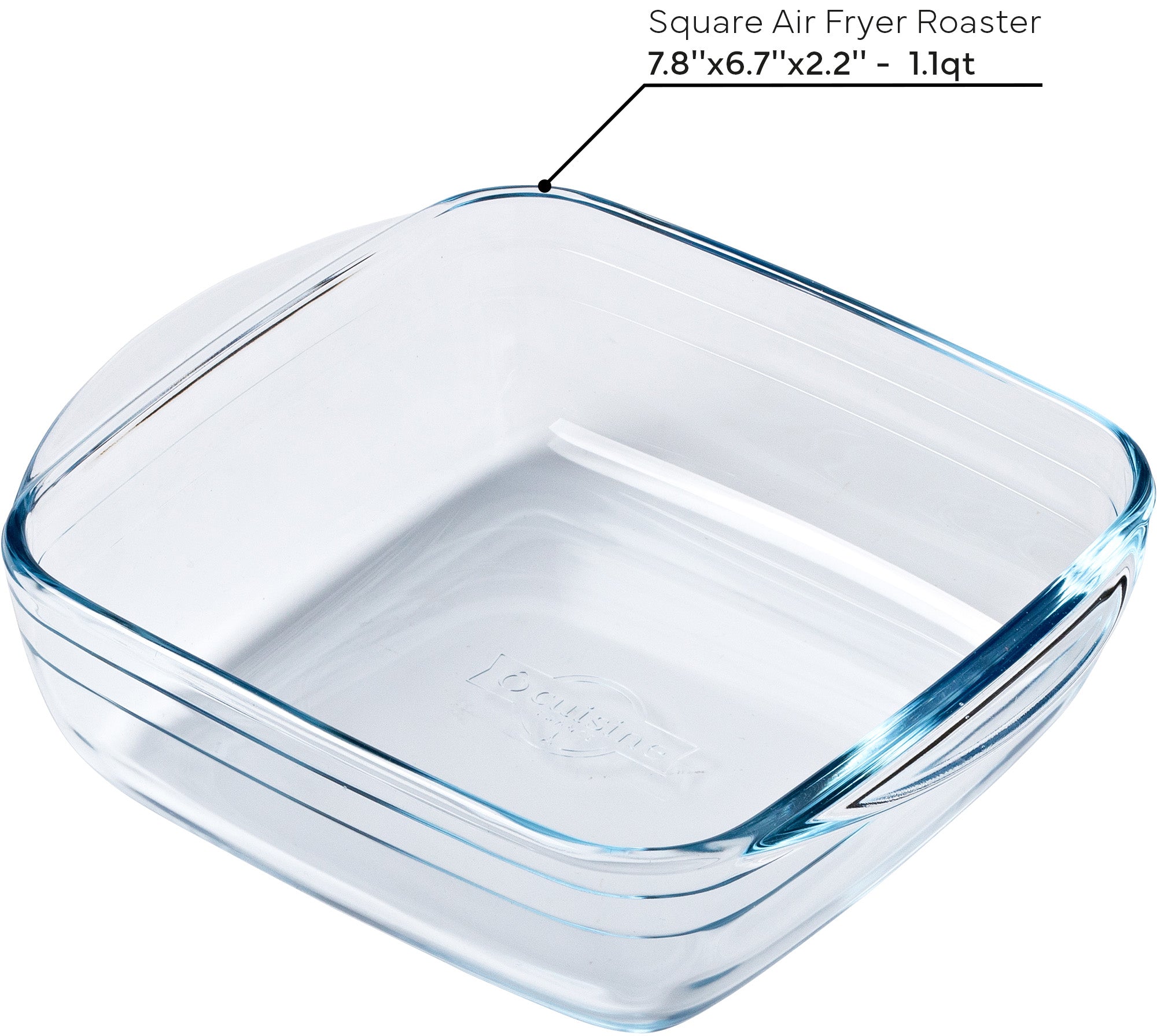 Square glass air fryer roaster with dimensions labeled on a white background