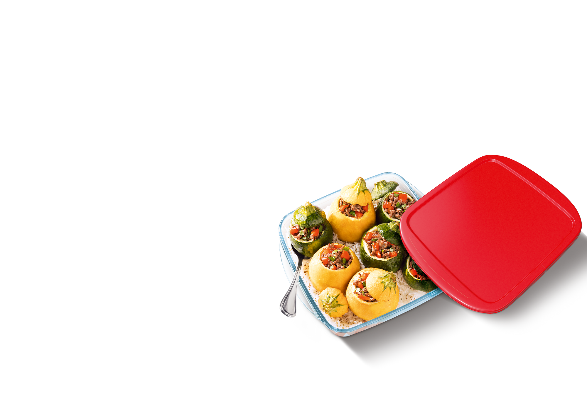 ÔCuisine square storage Container with stuffed bell peppers and a red lid on a white background