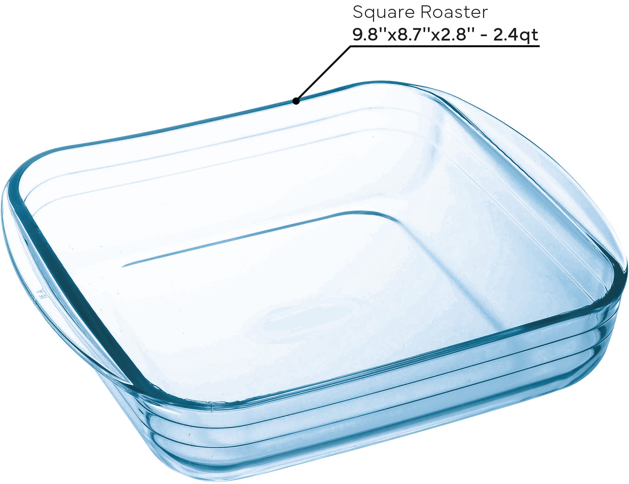 Glass square roaster with dimensions labeled on a white background