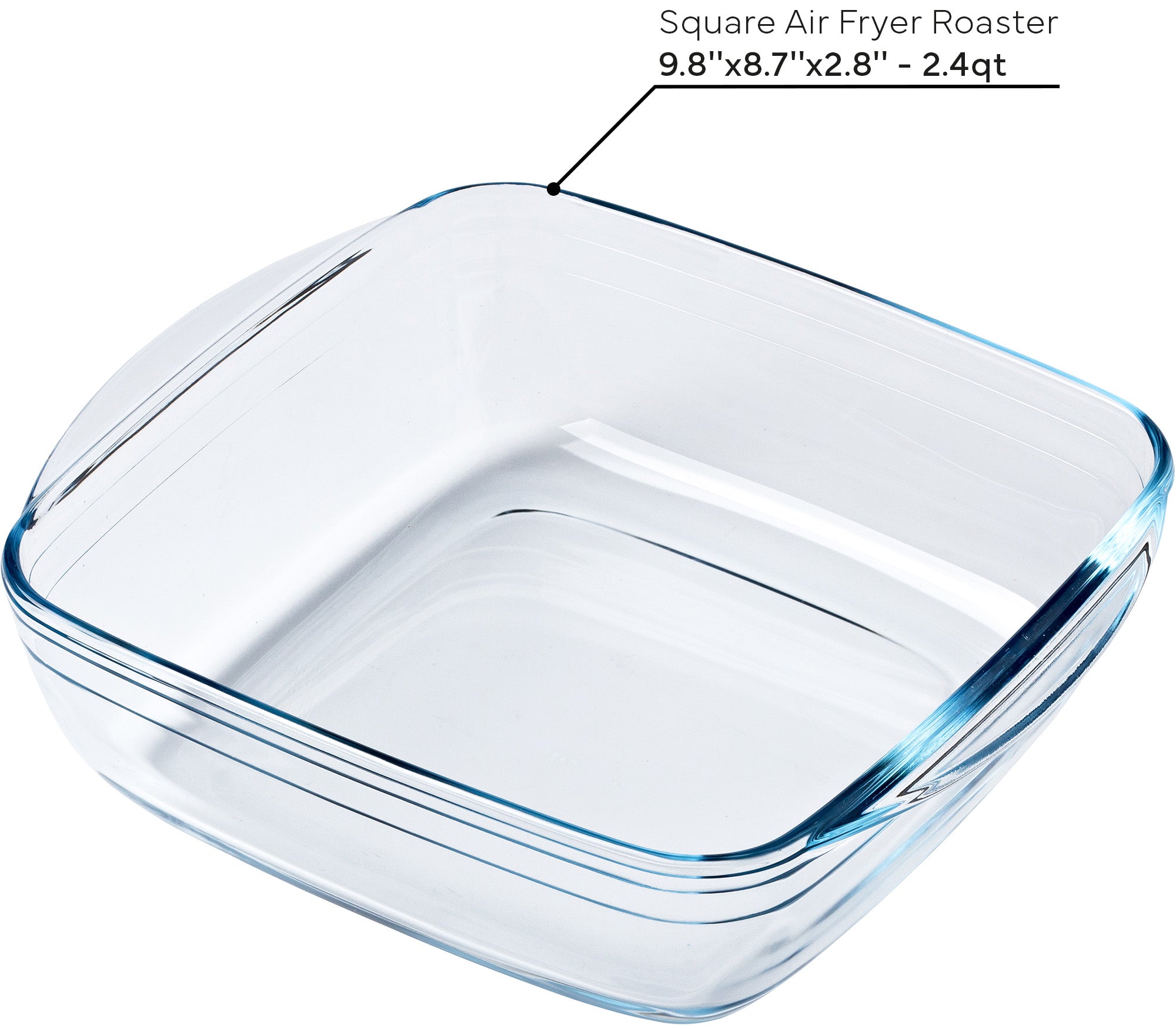 Square glass air fryer roaster with dimensions labeled
