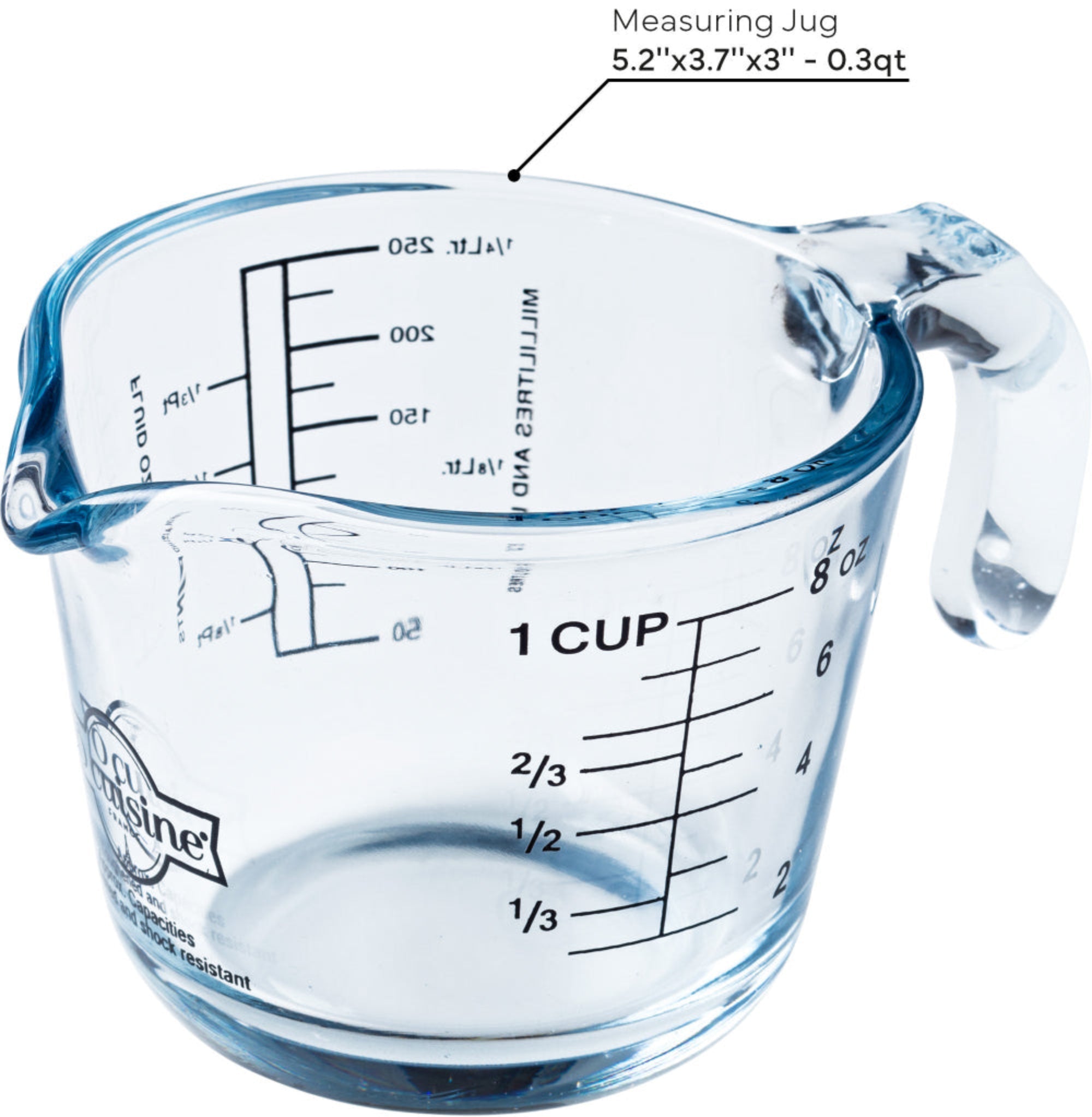 Clear ÔCuisine measuring jug with volume markings on a white background