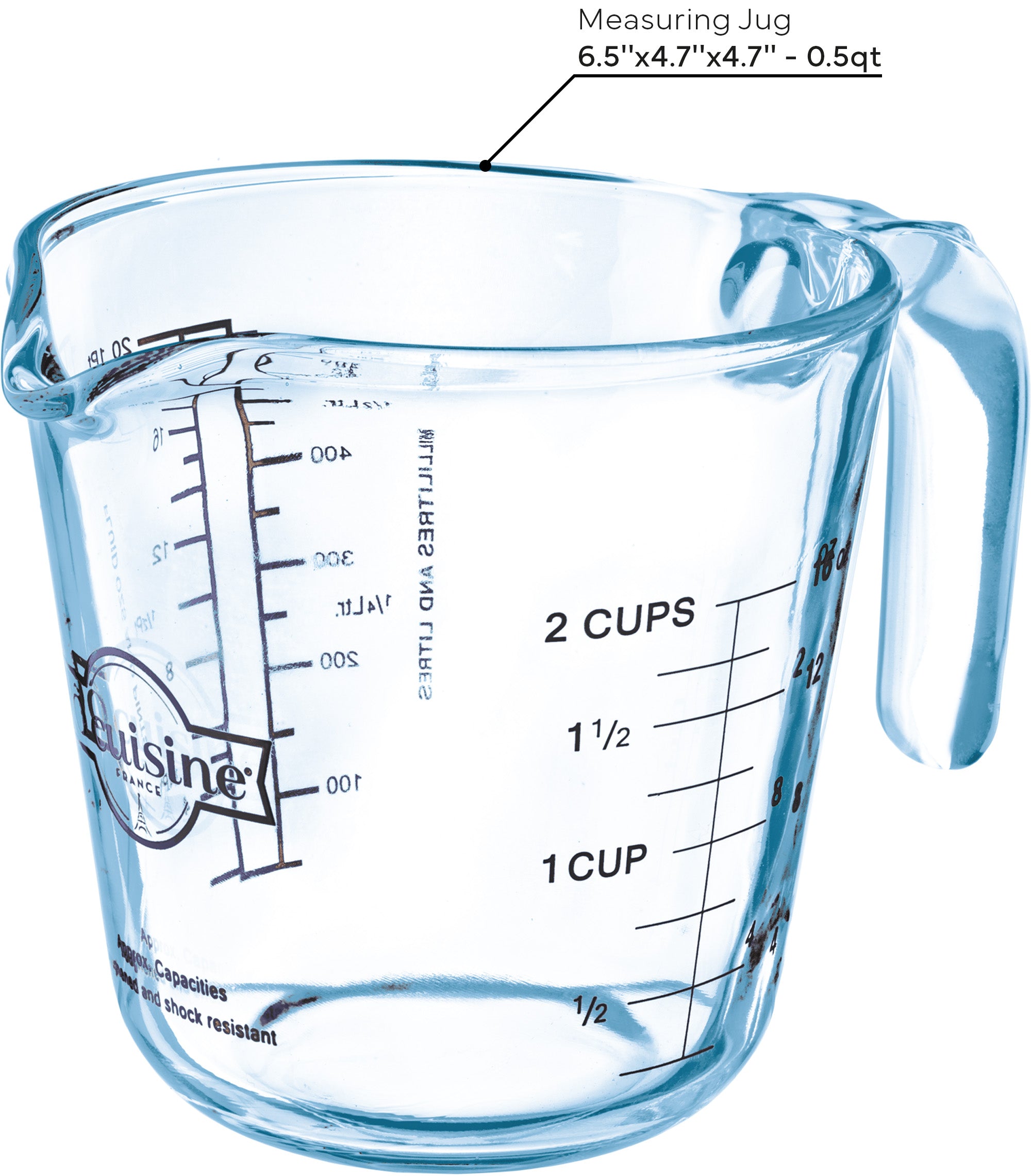 Clear ÔCuisine measuring jug with volume markings on a white background