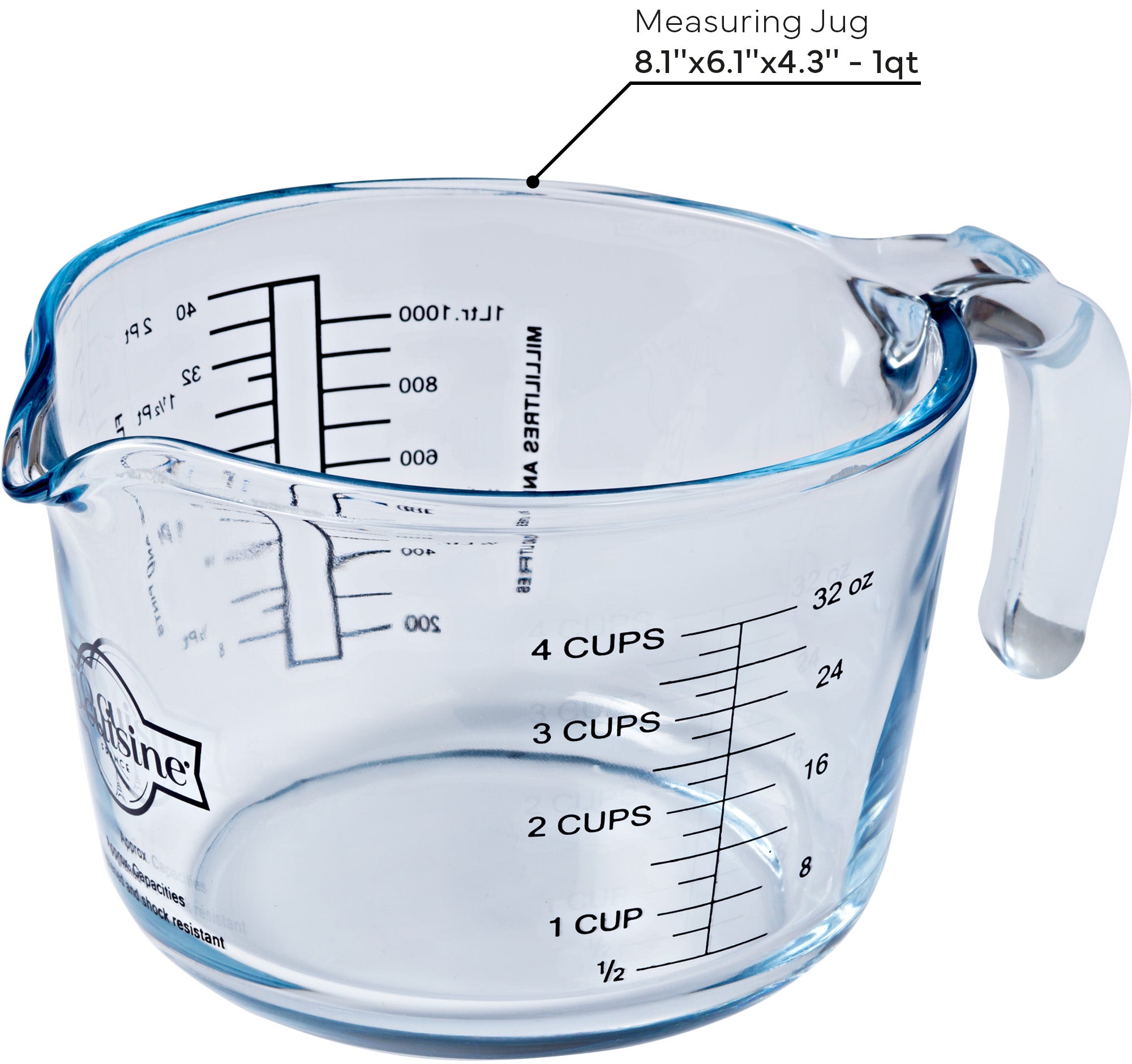 Clear ÔCuisine measuring jug with volume markings on a white background
