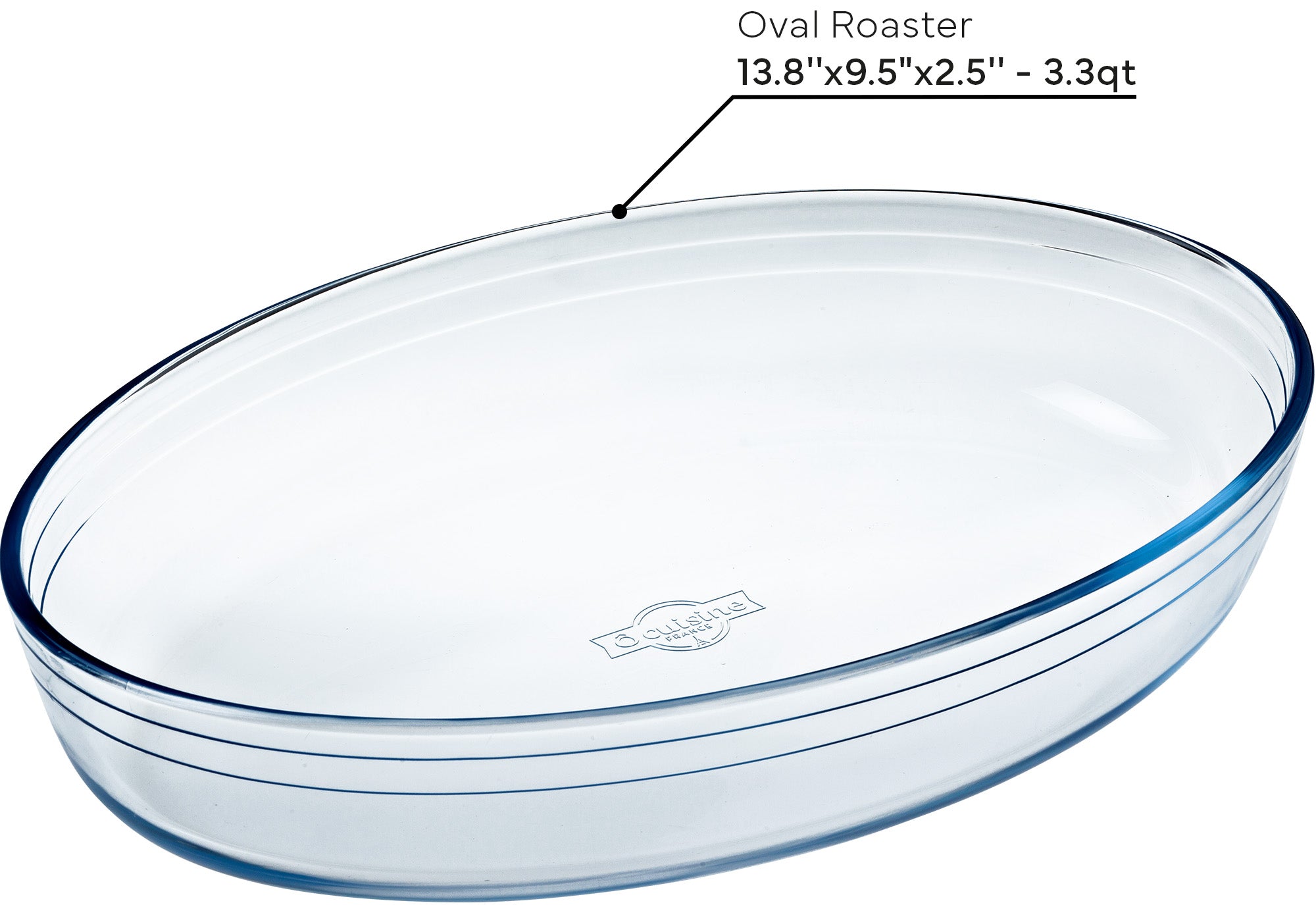 Clear glass oval roaster with dimensions and brand name on a white background