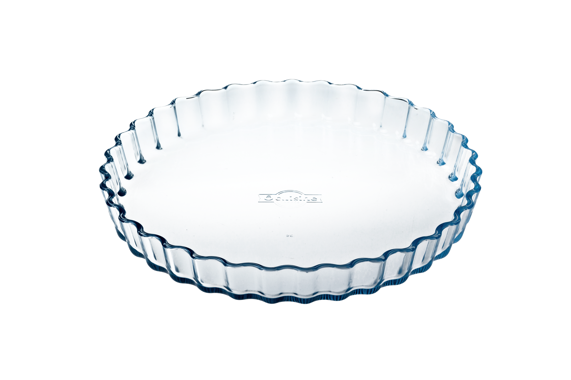 Clear ÔCuisine glass flan dish with scalloped edge on a white background