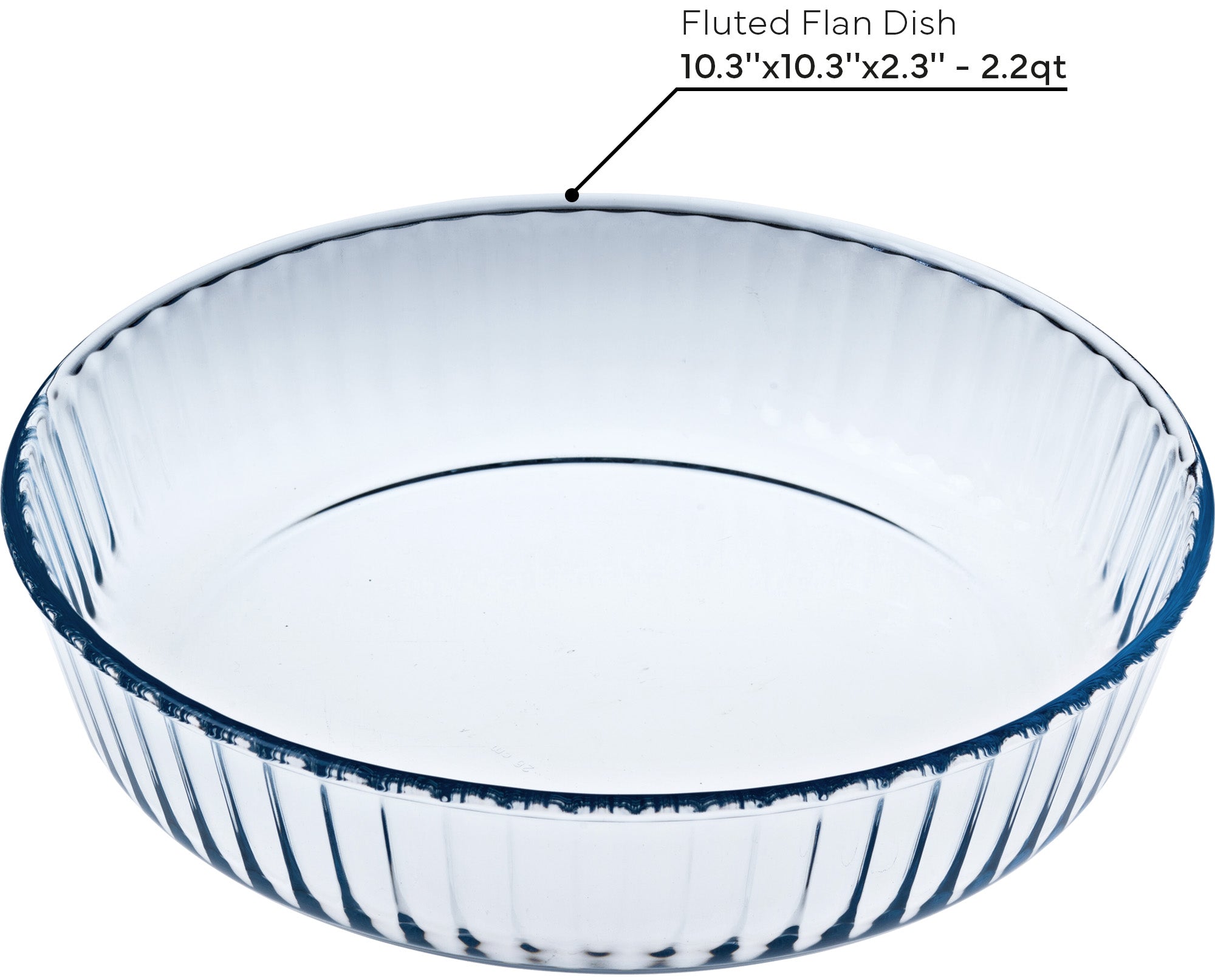 Clear ÔCuisine fluted flan dish with dimensions labeled on a white background
