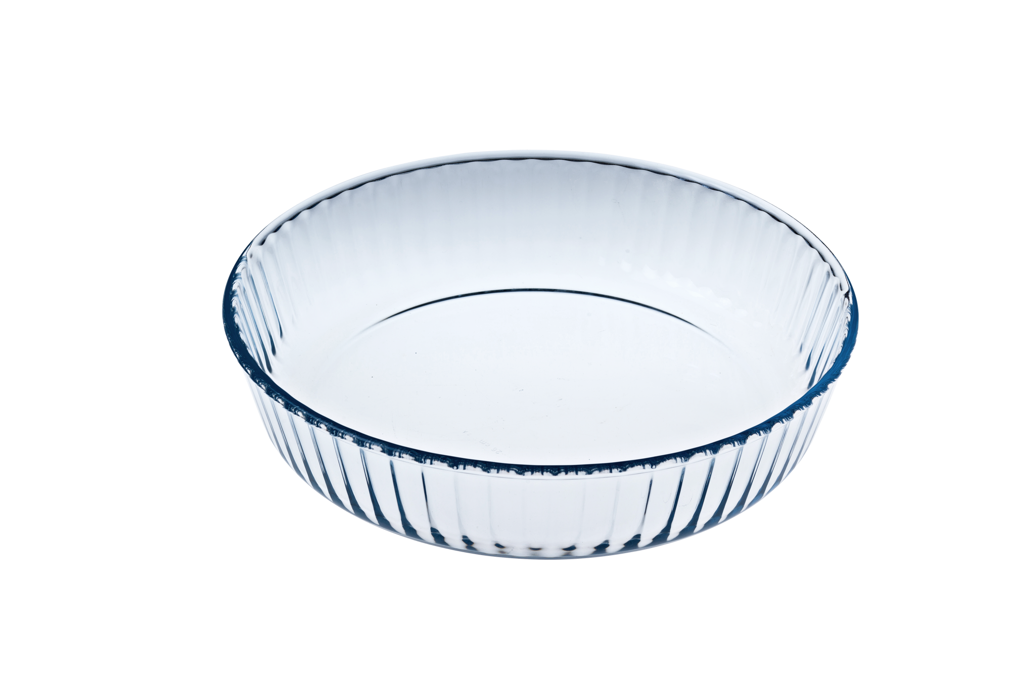 Clear ÔCuisine glass flutted flan dish on a white background
