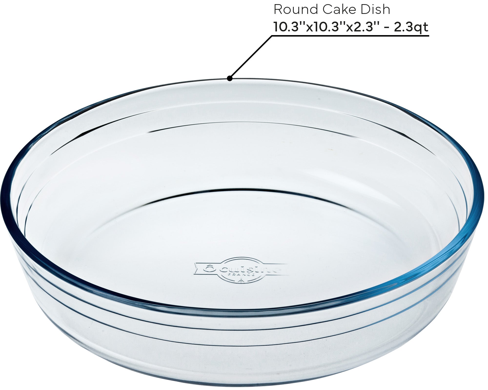 Clear ÔCuisine round cake dish with dimensions labeled on a white background