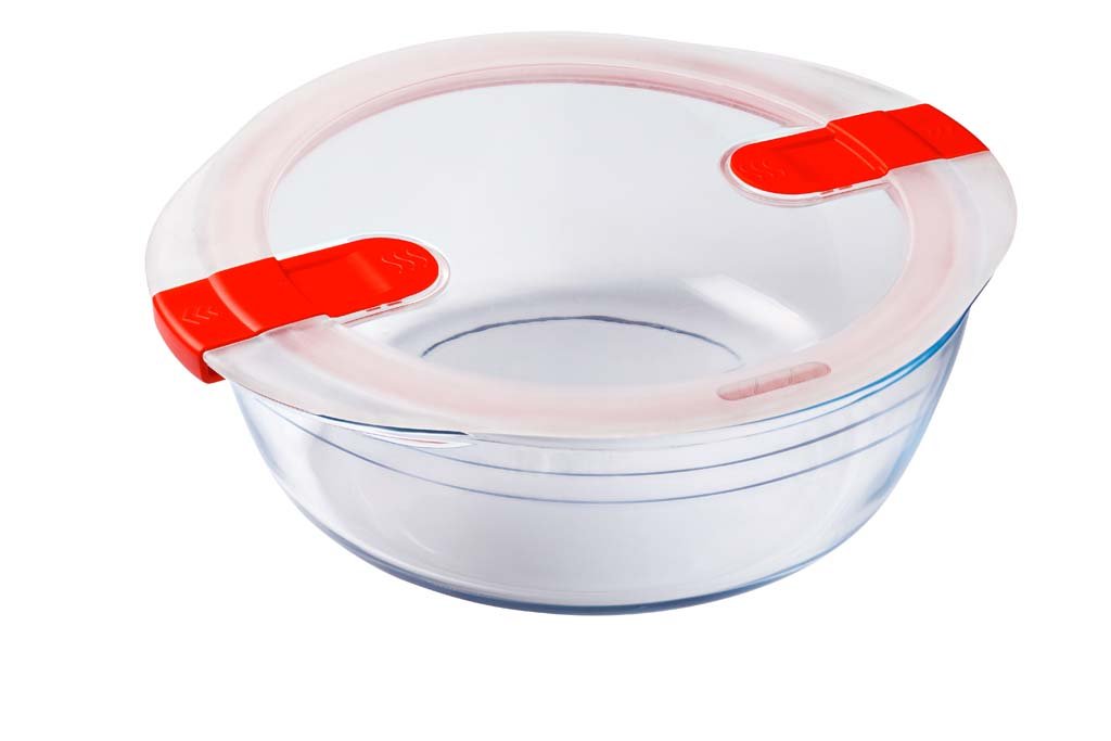 Glass Round storage dish with steam valves